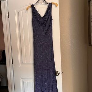Women's Long Dress purple, size 8 petite, lined, beaded, scarf, sleeveless